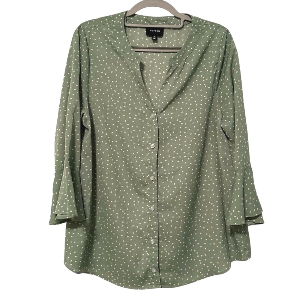 Heyson Sage Green Polka Dot Button Up Bell Sleeve Blouse Top Womens Medium